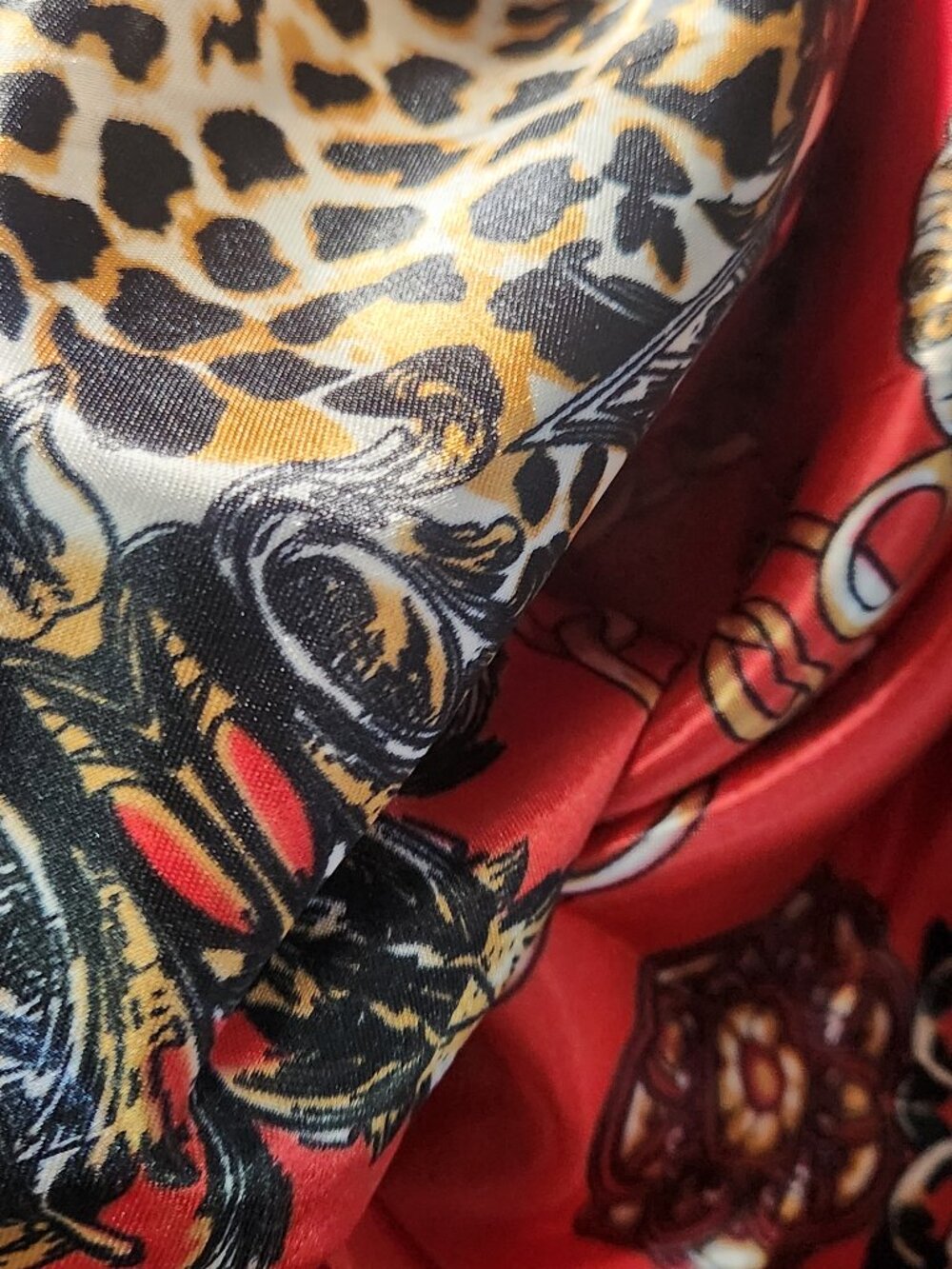 RED & GOLD Leopard Equestrian Poly-Silk 36” Square SCARF New by ORNAMENTS